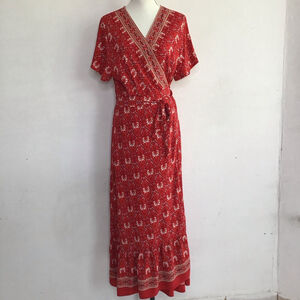 ZESICA Women Elegant Red & White Floral Ruffle Wrap Maxi Dress L
